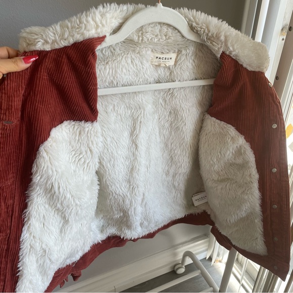 PacSun Faux Fur Collar Corduroy Oversized Jacket in Rust - Picture 8 of 14